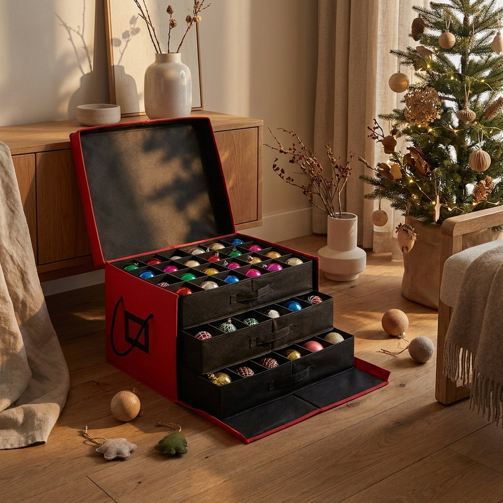 Red fabric Christmas ornament storage box with stackable trays close-up with ornaments stored inside
