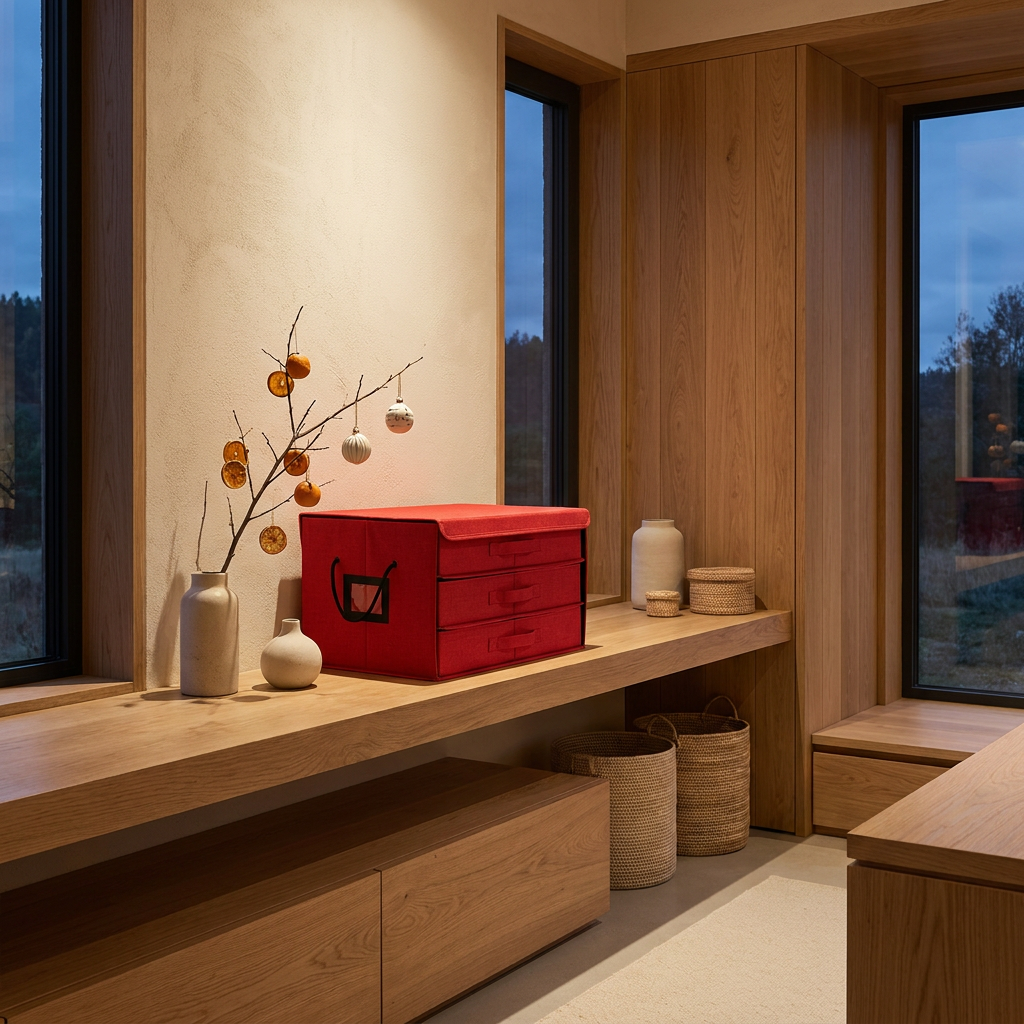 Red fabric Christmas ornament storage box with stackable trays on an oak shelf in a Japandi interior