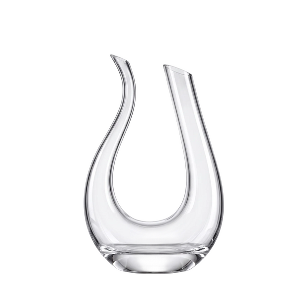U shape glass wine decanter on a white background