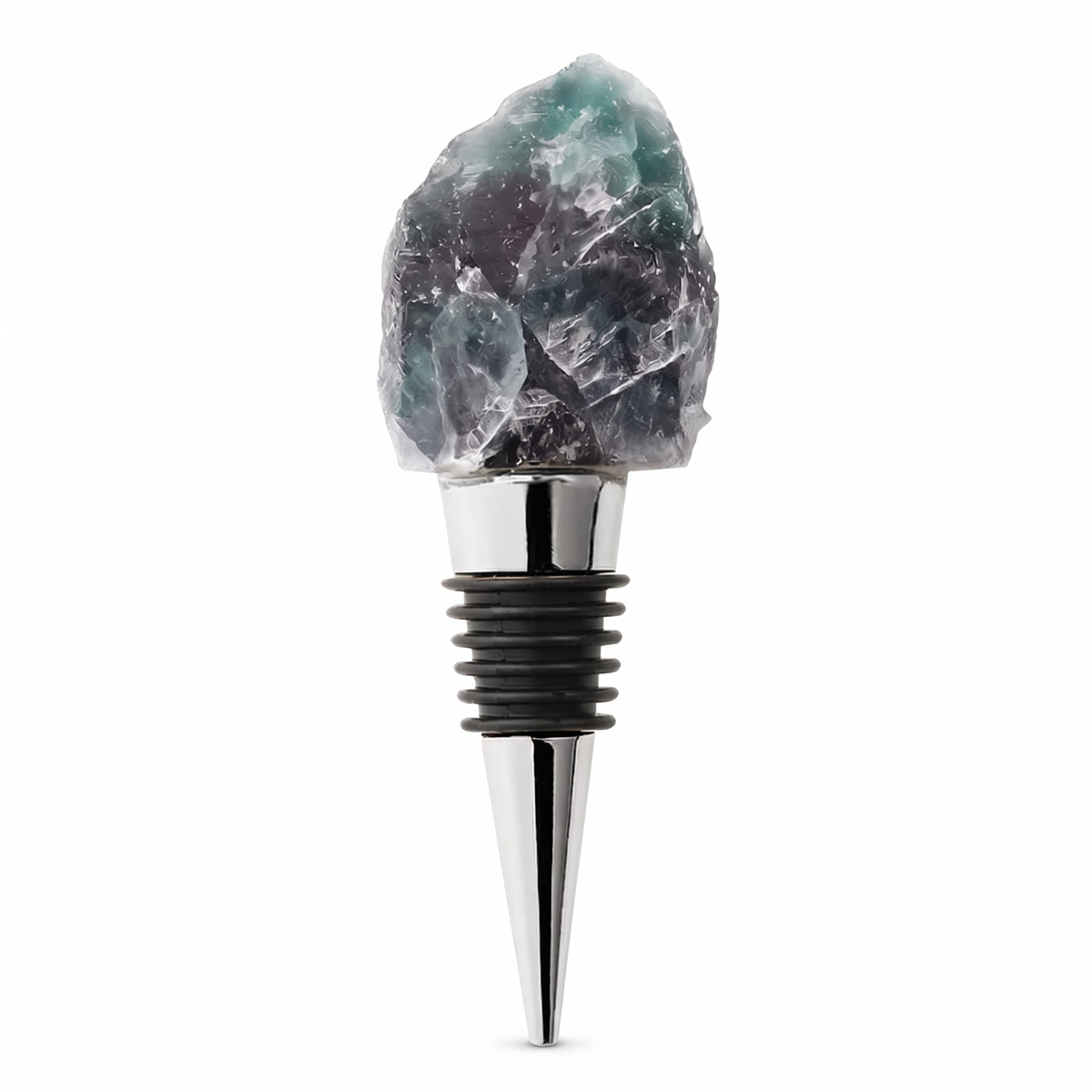 Raw crystal wine bottle stopper, Fluorite, Silver on a white background
