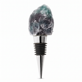 Raw crystal wine bottle stopper, Fluorite, Silver on a white background