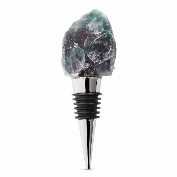 Raw crystal wine bottle stopper, Fluorite, Silver on a white background