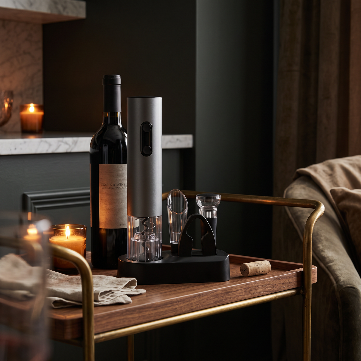 Electric wine opener, 5 Piece Set in a dark editorial interior