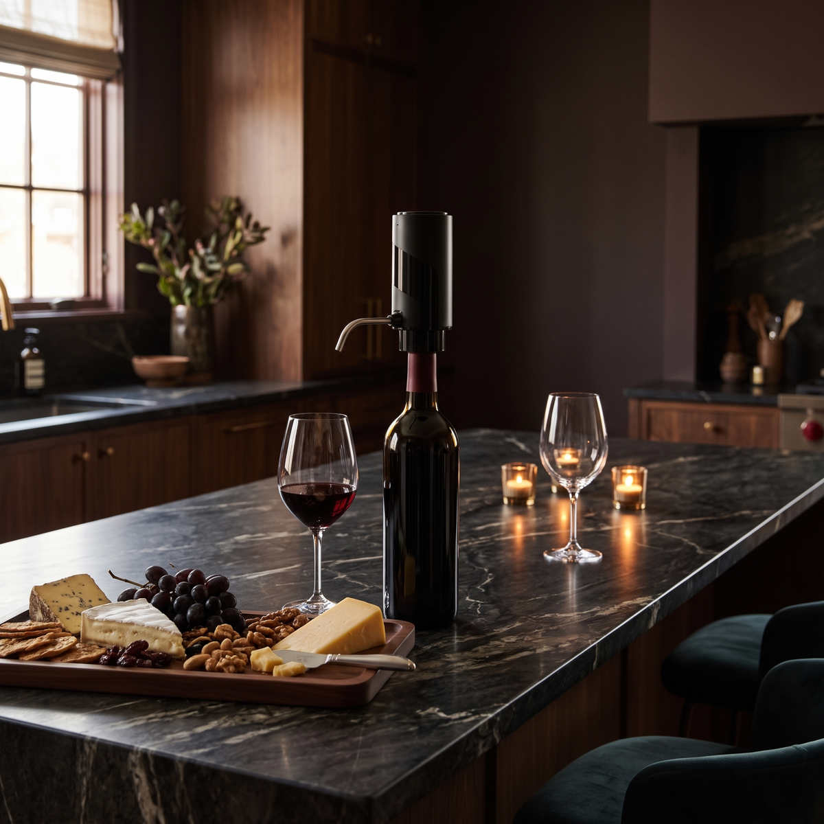 Electric wine aerator and dispenser on a dark kitchen island