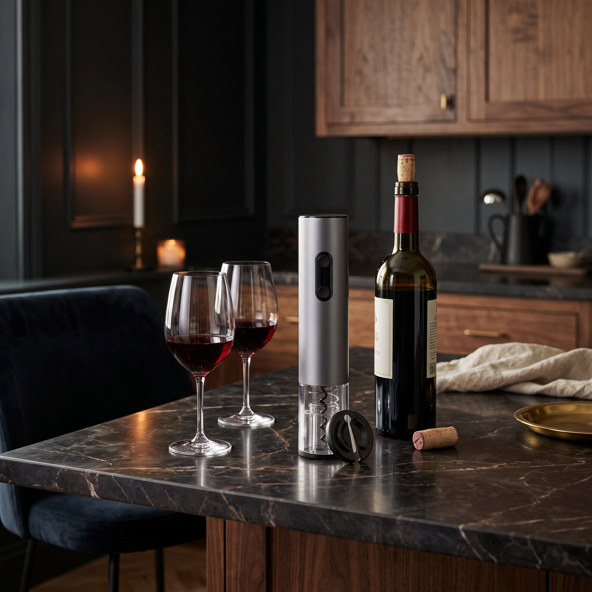 Electric wine opener, Opener with Foil Cutter in a dark editorial interior