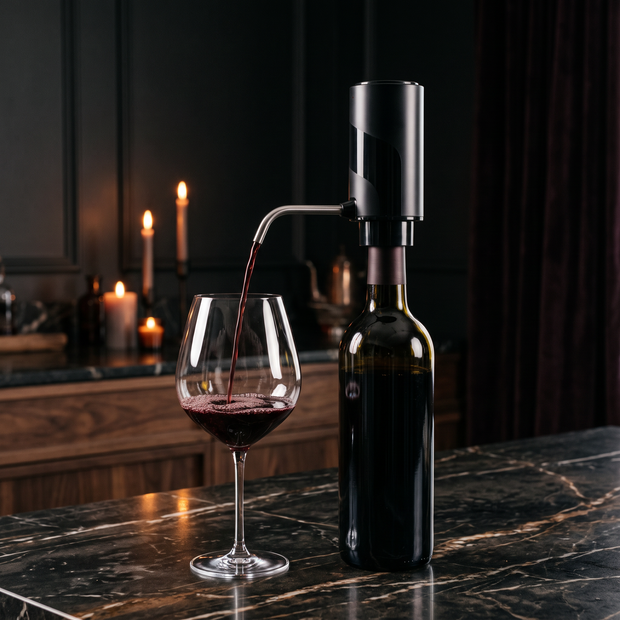 Electric wine aerator and dispenser in a dark editorial interior