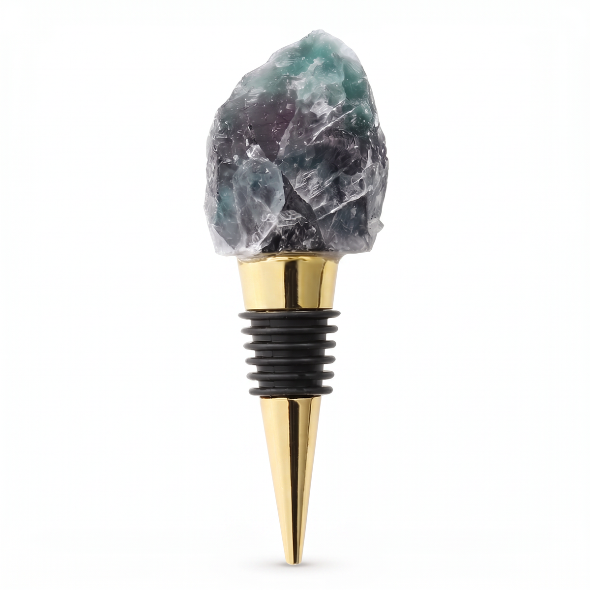 Raw crystal wine bottle stopper, Fluorite, Gold on a white background