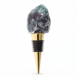 Raw crystal wine bottle stopper, Fluorite, Gold on a white background
