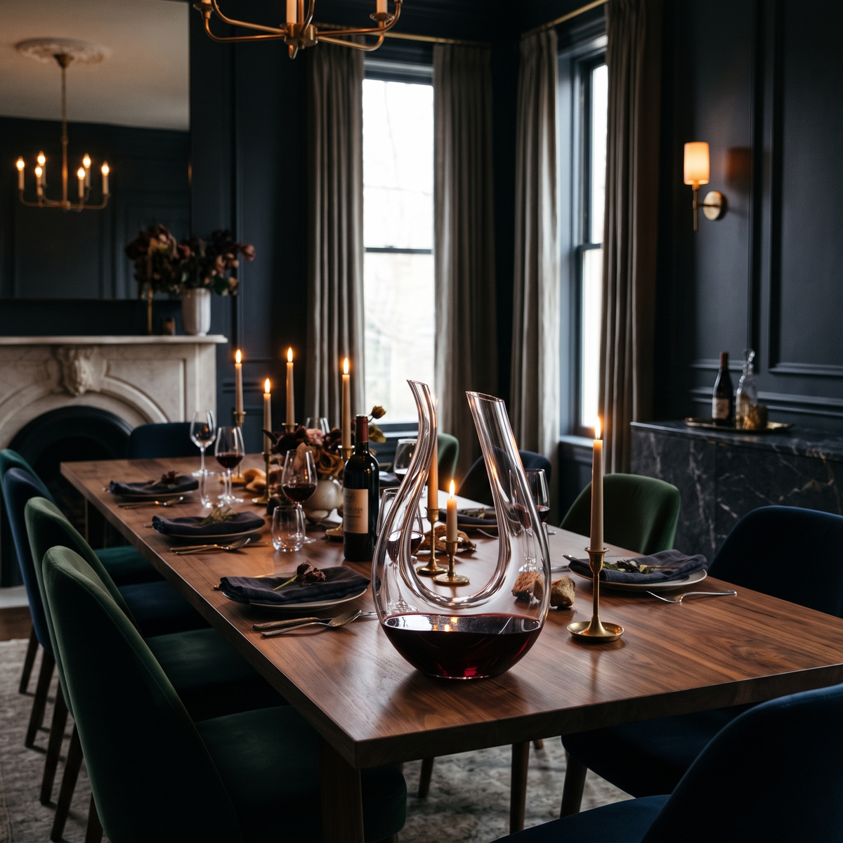 U shape glass wine decanter in a moody dining room