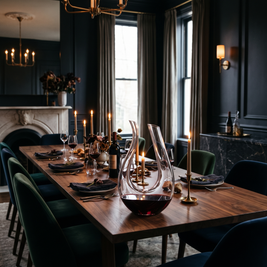 U shape glass wine decanter in a moody dining room