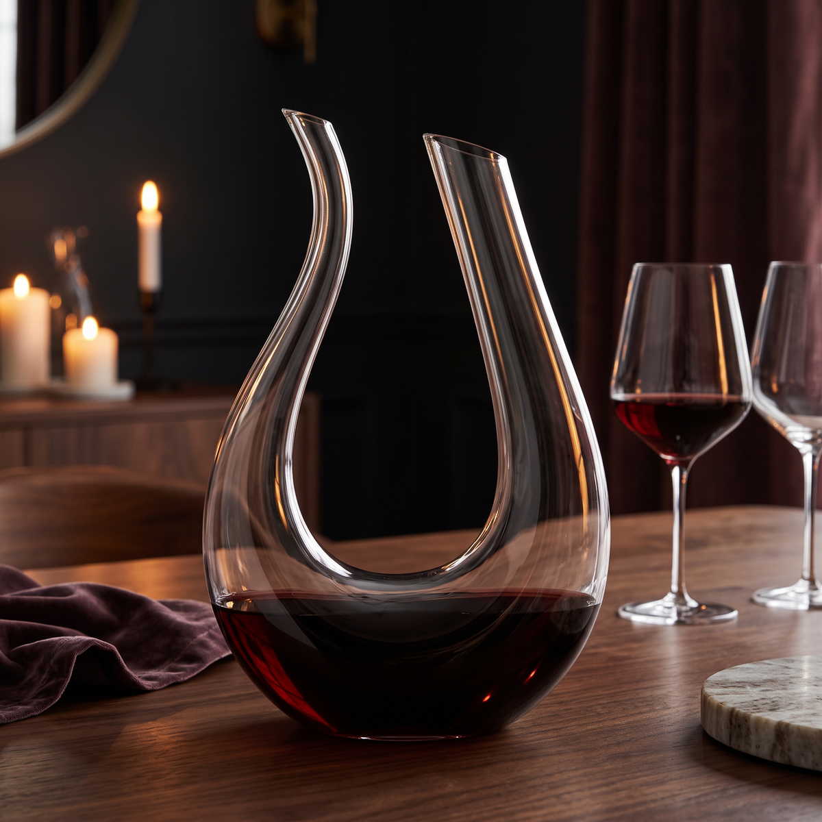 U shape glass wine decanter in a dark editorial interior