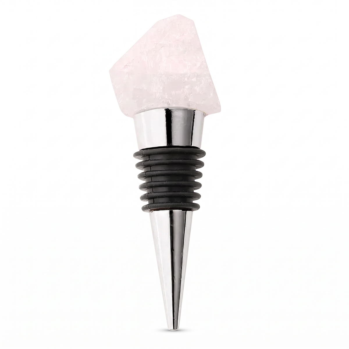 Raw crystal wine bottle stopper, Clear Quartz, Silver on a white background