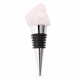 Raw crystal wine bottle stopper, Clear Quartz, Silver on a white background