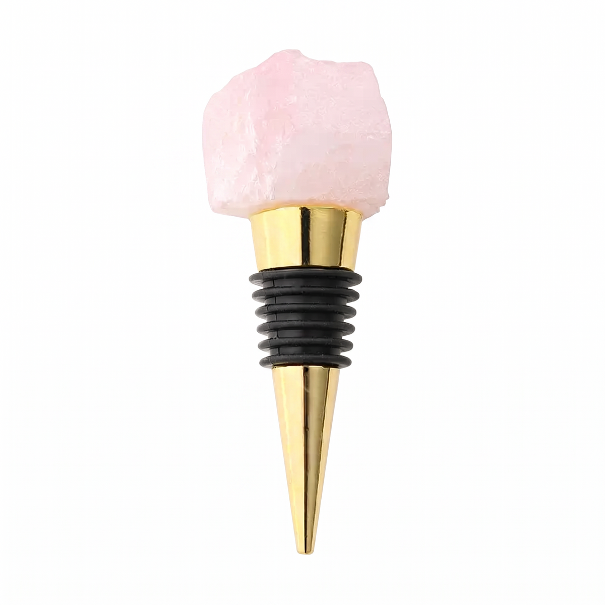 Raw crystal wine bottle stopper, Rose Quartz, Gold on a white background