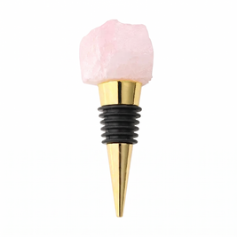 Raw crystal wine bottle stopper, Rose Quartz, Gold on a white background