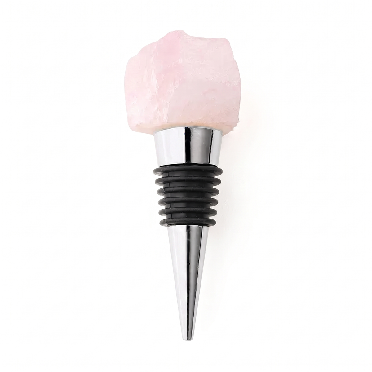 Raw crystal wine bottle stopper, Rose Quartz, Silver on a white background