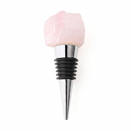 Raw crystal wine bottle stopper, Rose Quartz, Silver on a white background