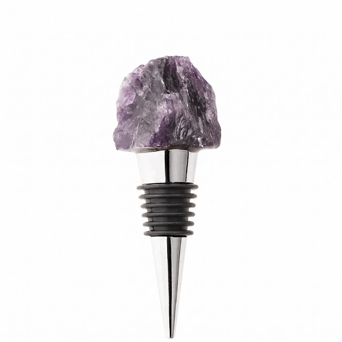 Raw crystal wine bottle stopper, Amethyst, Silver on a white background