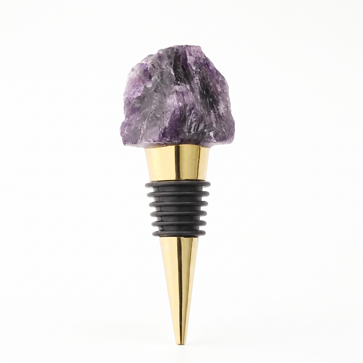 Raw crystal wine bottle stopper, Amethyst, Gold on a white background
