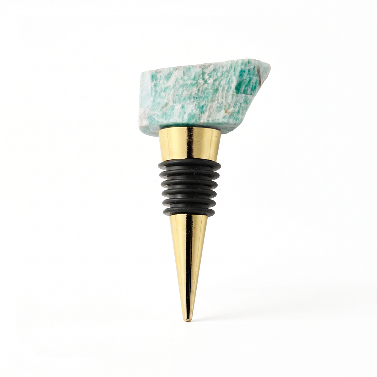 Raw crystal wine bottle stopper, Amazonite, Gold on a white background