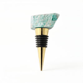 Raw crystal wine bottle stopper, Amazonite, Gold on a white background