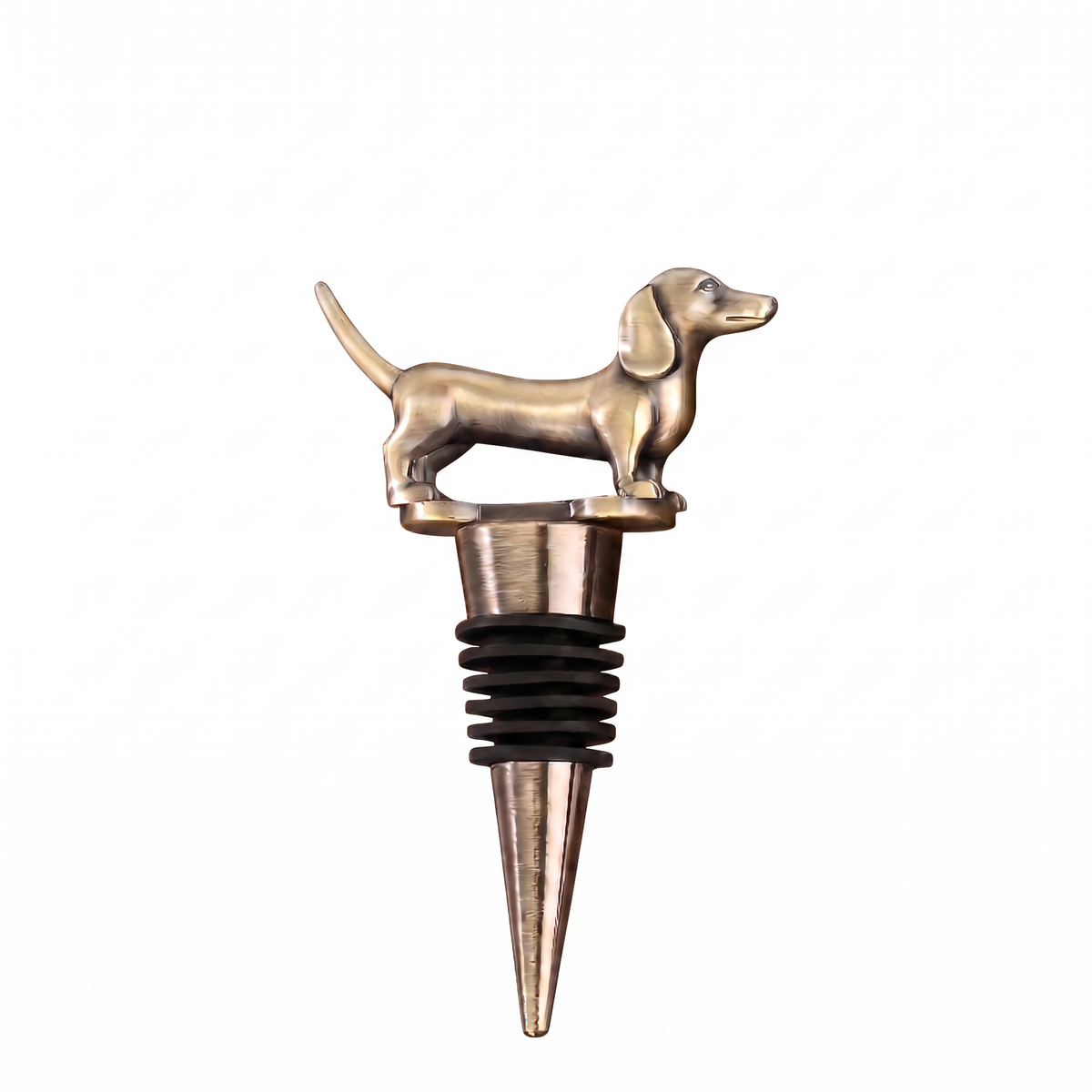 Dog wine bottle stopper, Dachshund, Bronze on a white background