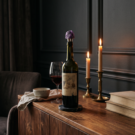 Raw crystal wine bottle stopper, Amethyst, Silver in a dark editorial interior