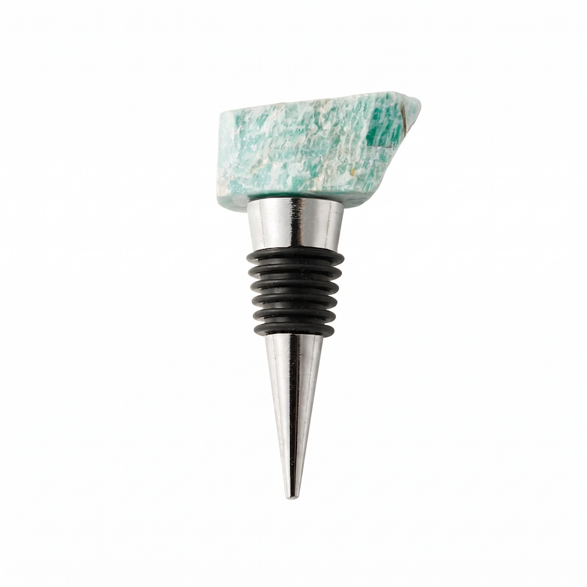 Raw crystal wine bottle stopper, Amazonite, Silver on a white background