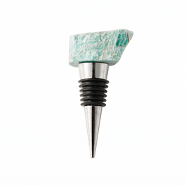 Raw crystal wine bottle stopper, Amazonite, Silver on a white background