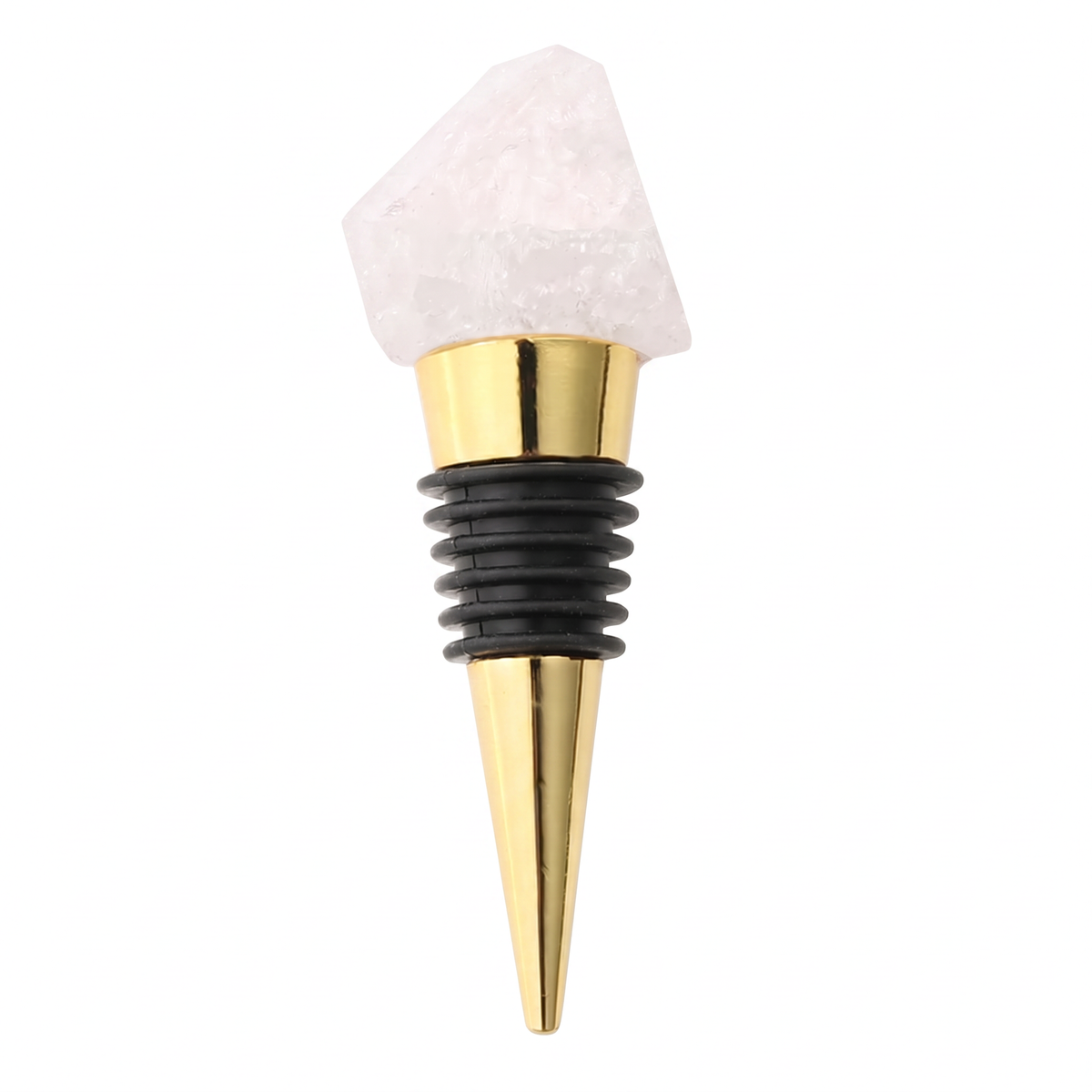Raw crystal wine bottle stopper, Clear Quartz, Gold on a white background