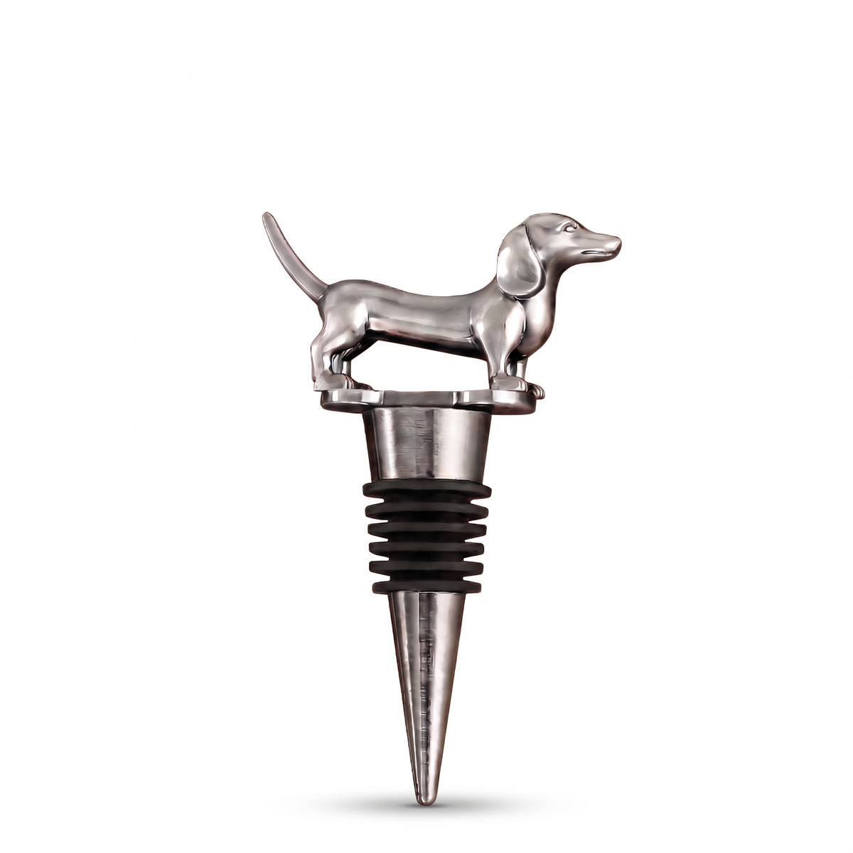 Dog wine bottle stopper, Dachshund, Silver on a white background
