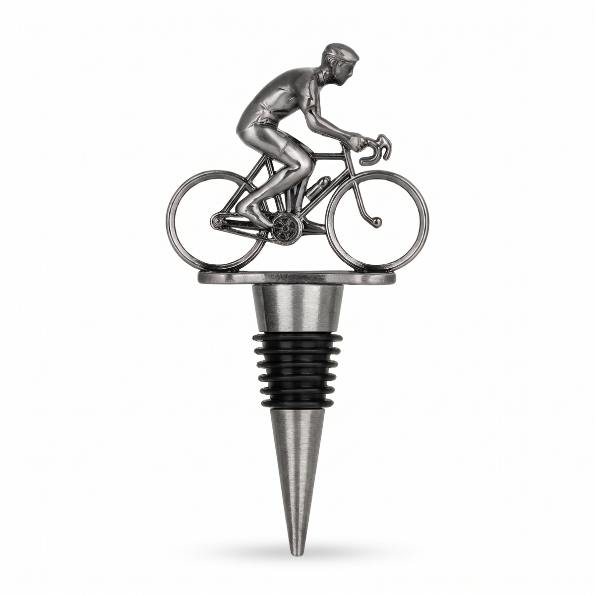 Cyclist wine bottle stopper, Silver on a white background