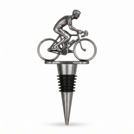 Cyclist wine bottle stopper, Silver on a white background