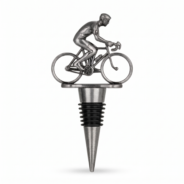 Cyclist wine bottle stopper, Silver on a white background