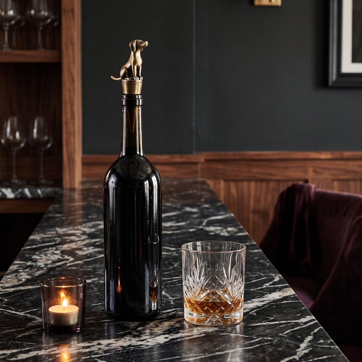 Dog wine bottle stopper, Labrador, Bronze in a dark editorial interior