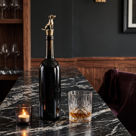 Dog wine bottle stopper, Labrador, Bronze in a dark editorial interior