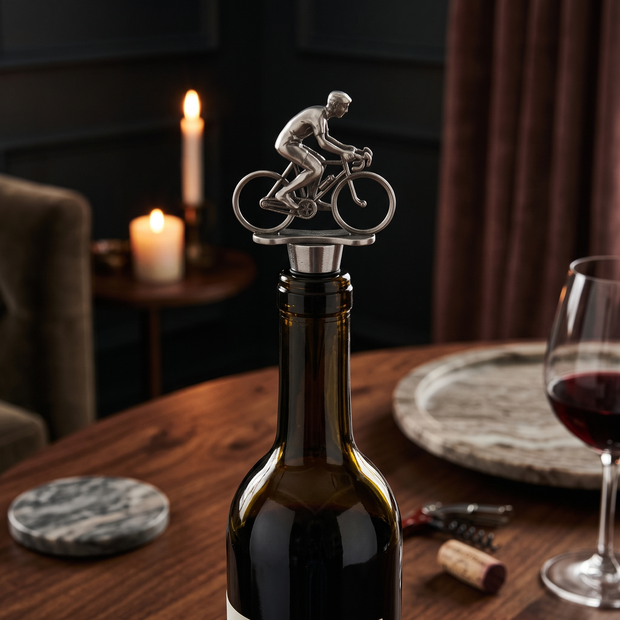 Cyclist wine bottle stopper, Silver in a dark editorial interior