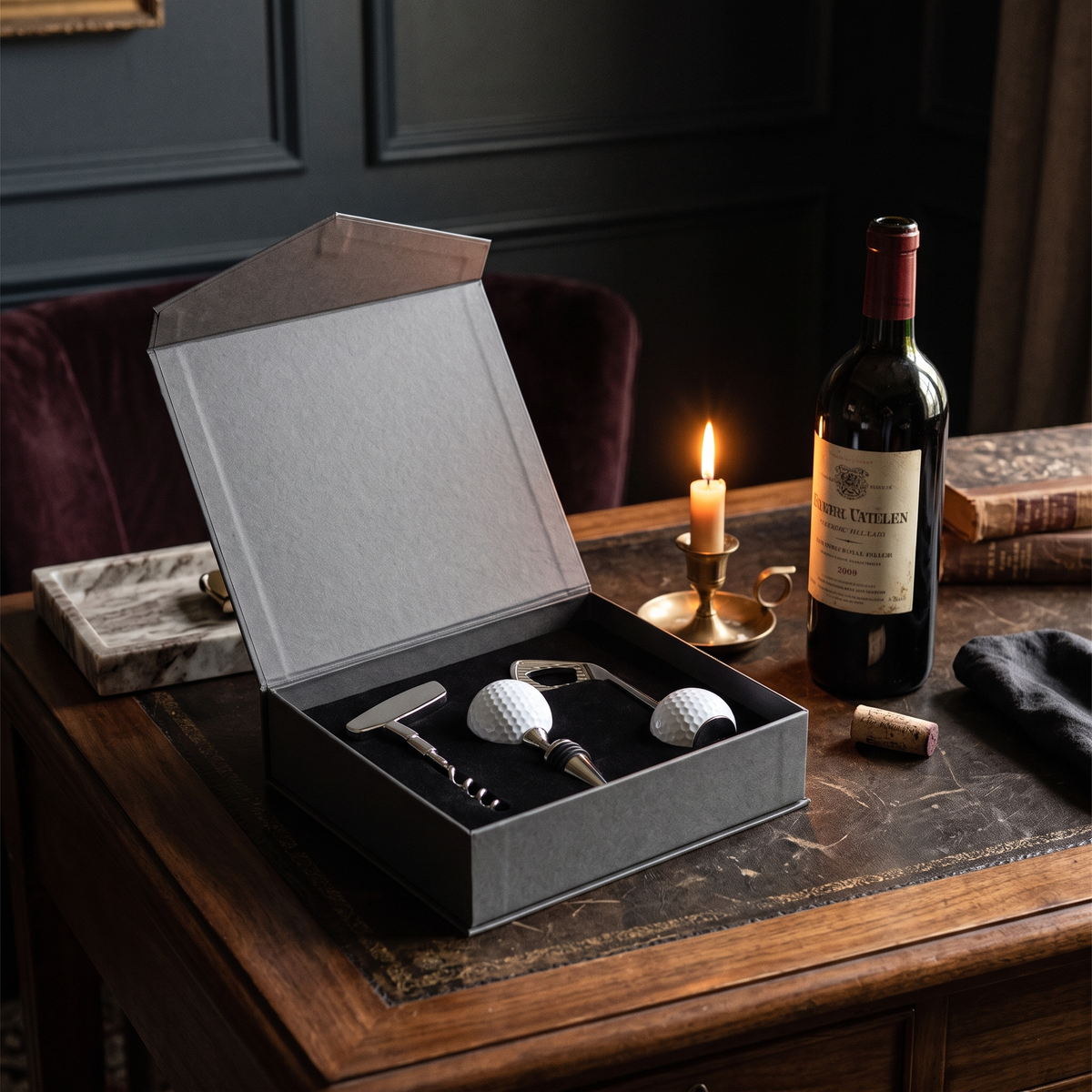 Golf bar tools set in gift box in a dark editorial interior