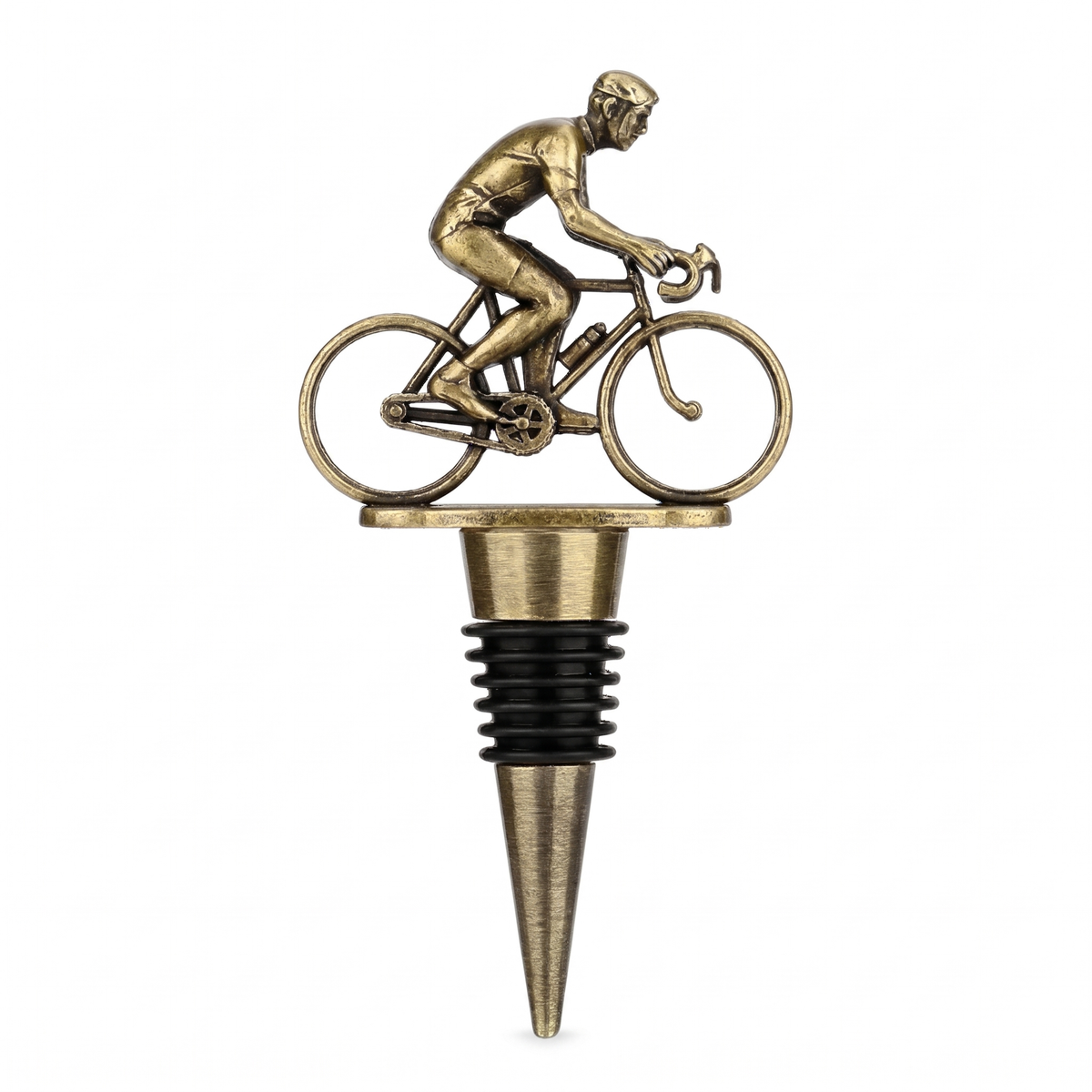 Cyclist wine bottle stopper, Bronze on a white background