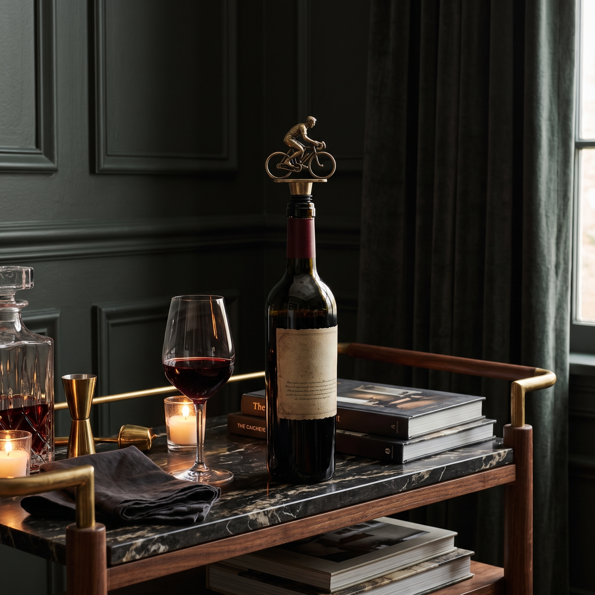 Cyclist wine bottle stopper, Bronze in a dark editorial interior