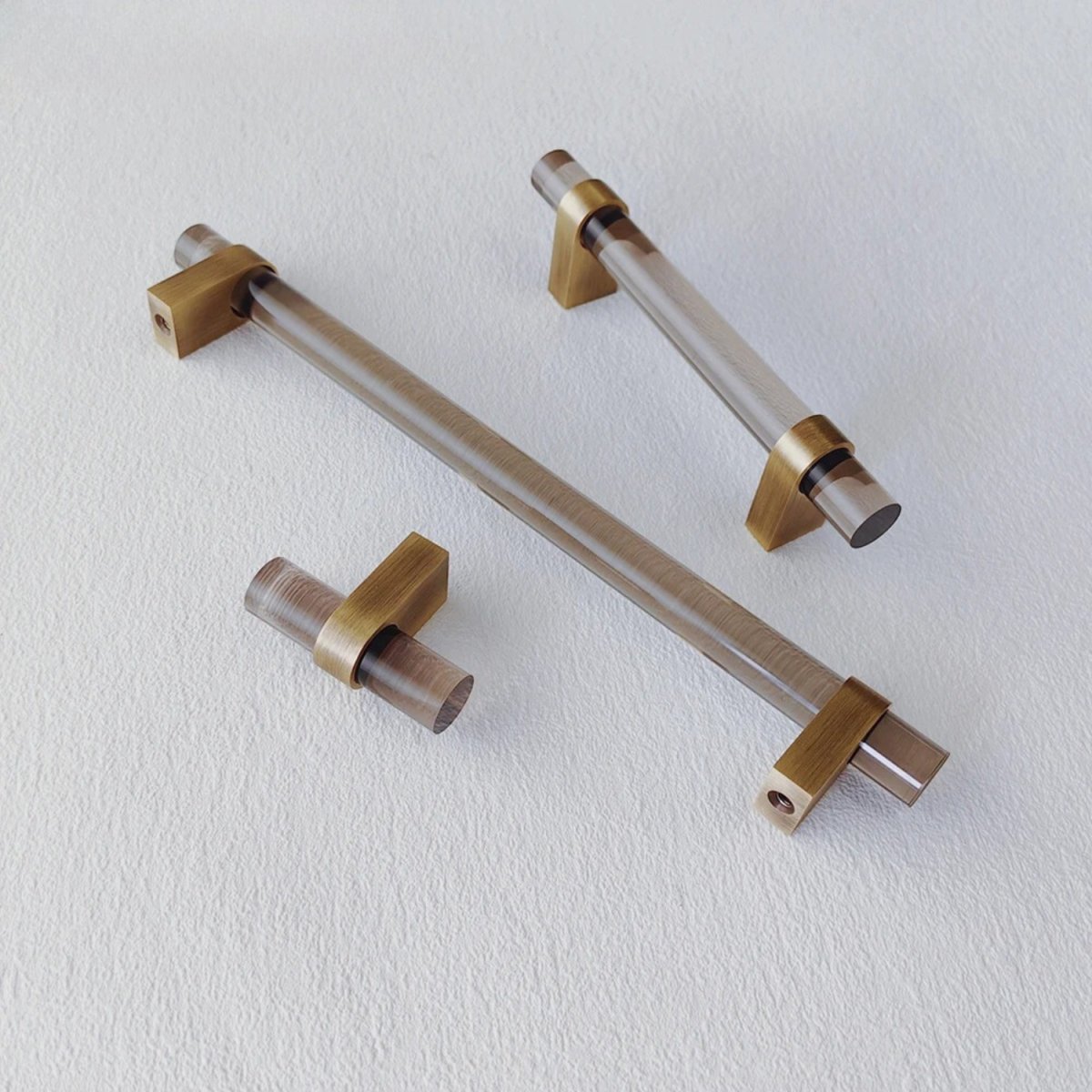 Acrylic & Brass Cabinet Knobs & Drawer Pull Bars, Modern Kitchen & Wardrobe Hardware, Clear or Smoky Gray, Set of 2, 2-12.6in