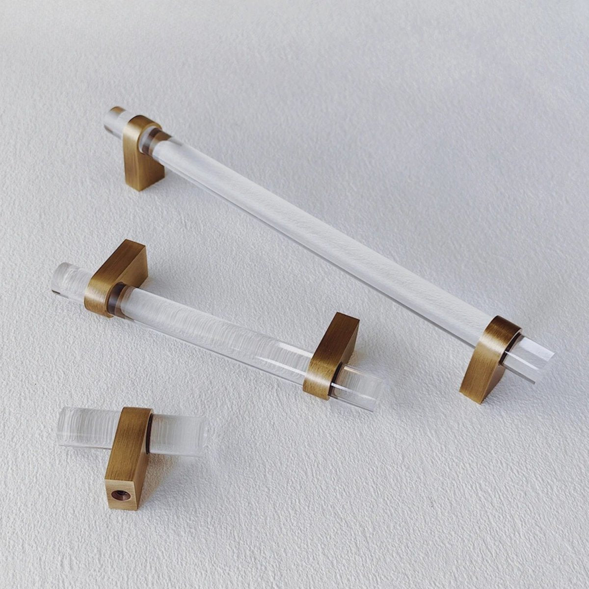 Acrylic & Brass Cabinet Knobs & Drawer Pull Bars, Modern Kitchen & Wardrobe Hardware, Clear or Smoky Gray, Set of 2, 2-12.6in