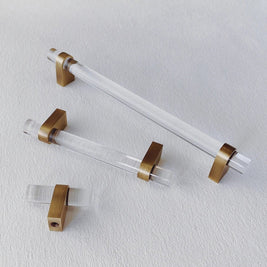 Acrylic & Brass Cabinet Knobs & Drawer Pull Bars, Modern Kitchen & Wardrobe Hardware, Clear or Smoky Gray, Set of 2, 2-12.6in