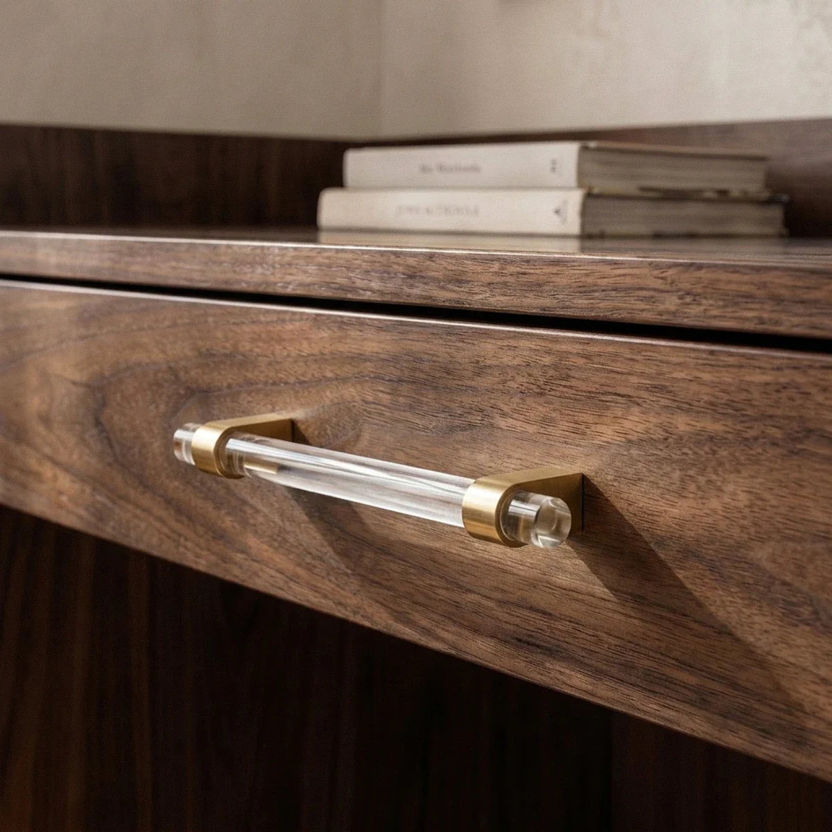 Acrylic & Brass Cabinet Knobs & Drawer Pull Bars, Modern Kitchen & Wardrobe Hardware, Clear or Smoky Gray, Set of 2, 2-12.6in