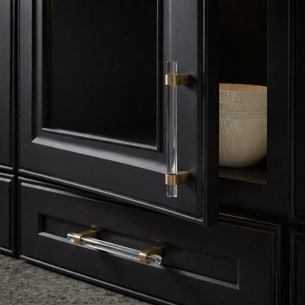 Acrylic & Brass Cabinet Knobs & Drawer Pull Bars, Modern Kitchen & Wardrobe Hardware, Clear or Smoky Gray, Set of 2, 2-12.6in