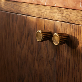 Grooved Brass Cabinet Knobs, Modern Kitchen & Dresser Drawer Hardware, Tapered Cone Body, Set of 2 Pieces, 1in Diameter