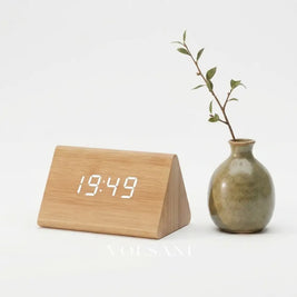 KEI wooden digital alarm clock in light brown on white background