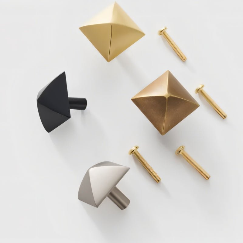 Solid Brass Pyramid Cabinet Knobs, Industrial Kitchen & Wardrobe Hardware, Angular Geometric Form, Set of 2 in 4 Colors, 1.2 x 1.3in