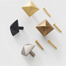 Solid Brass Pyramid Cabinet Knobs, Industrial Kitchen & Wardrobe Hardware, Angular Geometric Form, Set of 2 in 4 Colors, 1.2 x 1.3in