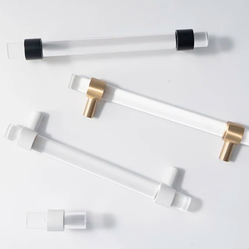 Transparent Acrylic & Brass Cabinet Knobs & Pull Bars, Modern Kitchen & Wardrobe Hardware, Black White or Brass, Set of 2, 2-12.6in